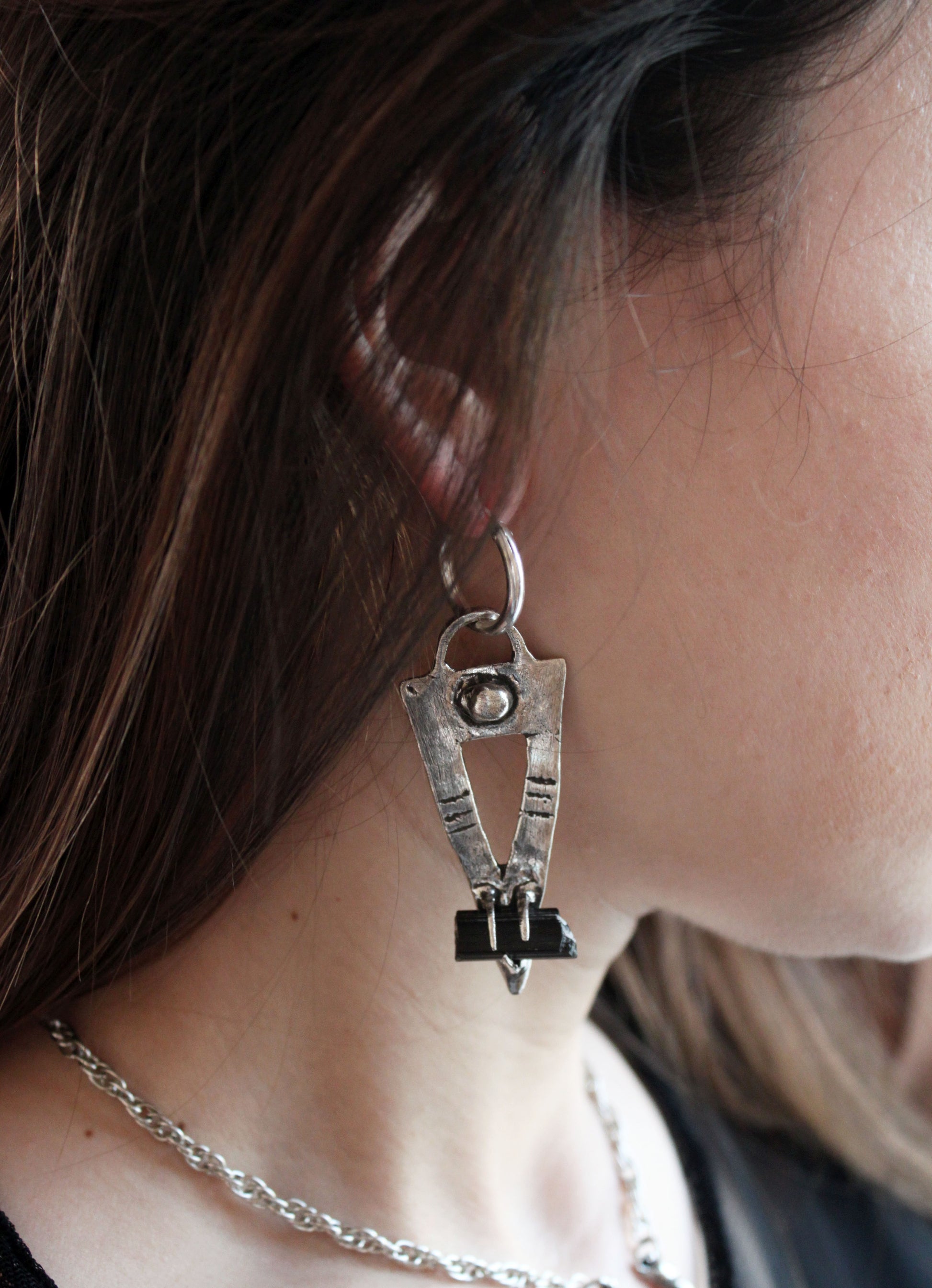 Black tourmaline silver earrings hoops