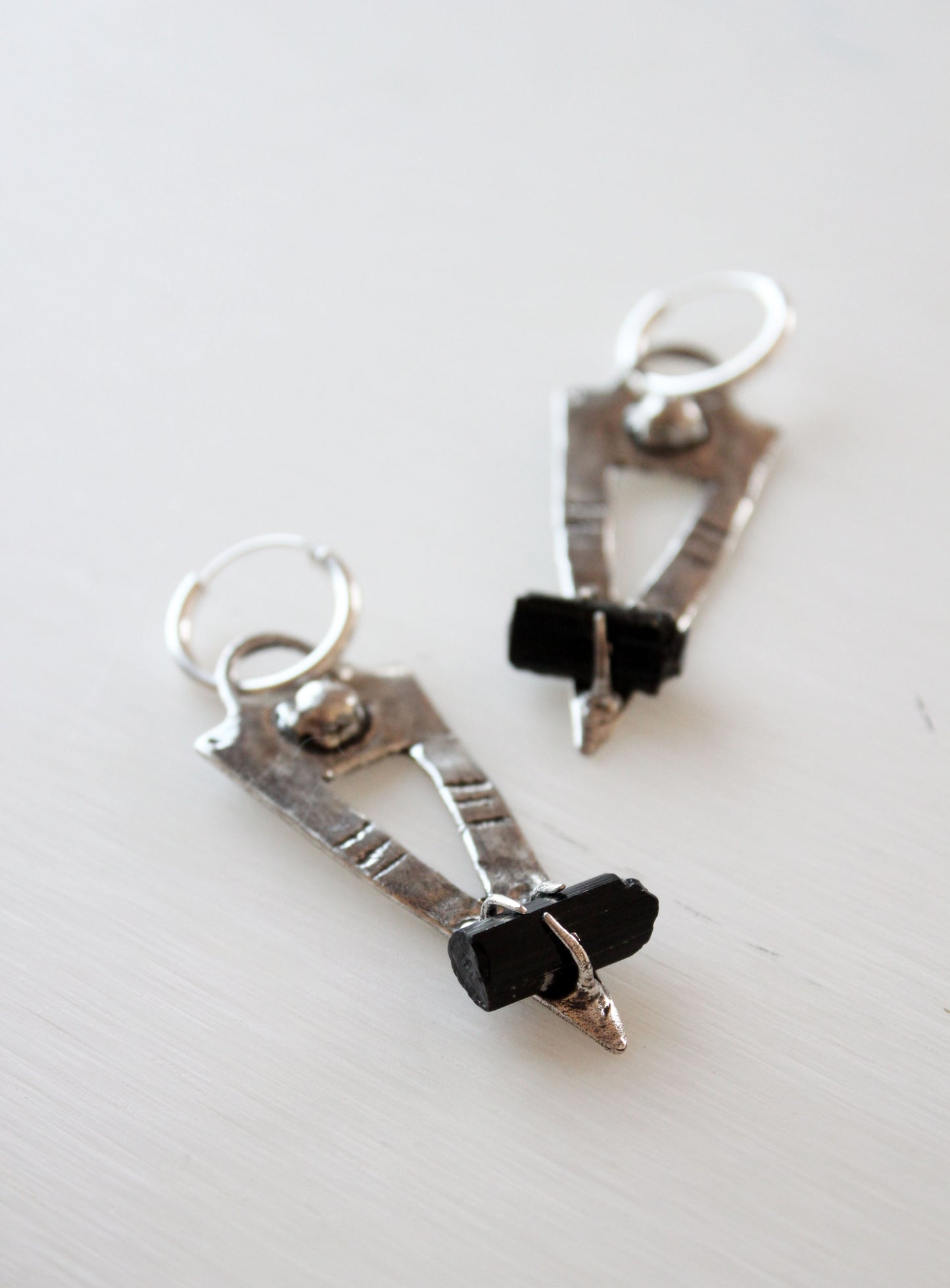 Black tourmaline silver earrings hoops