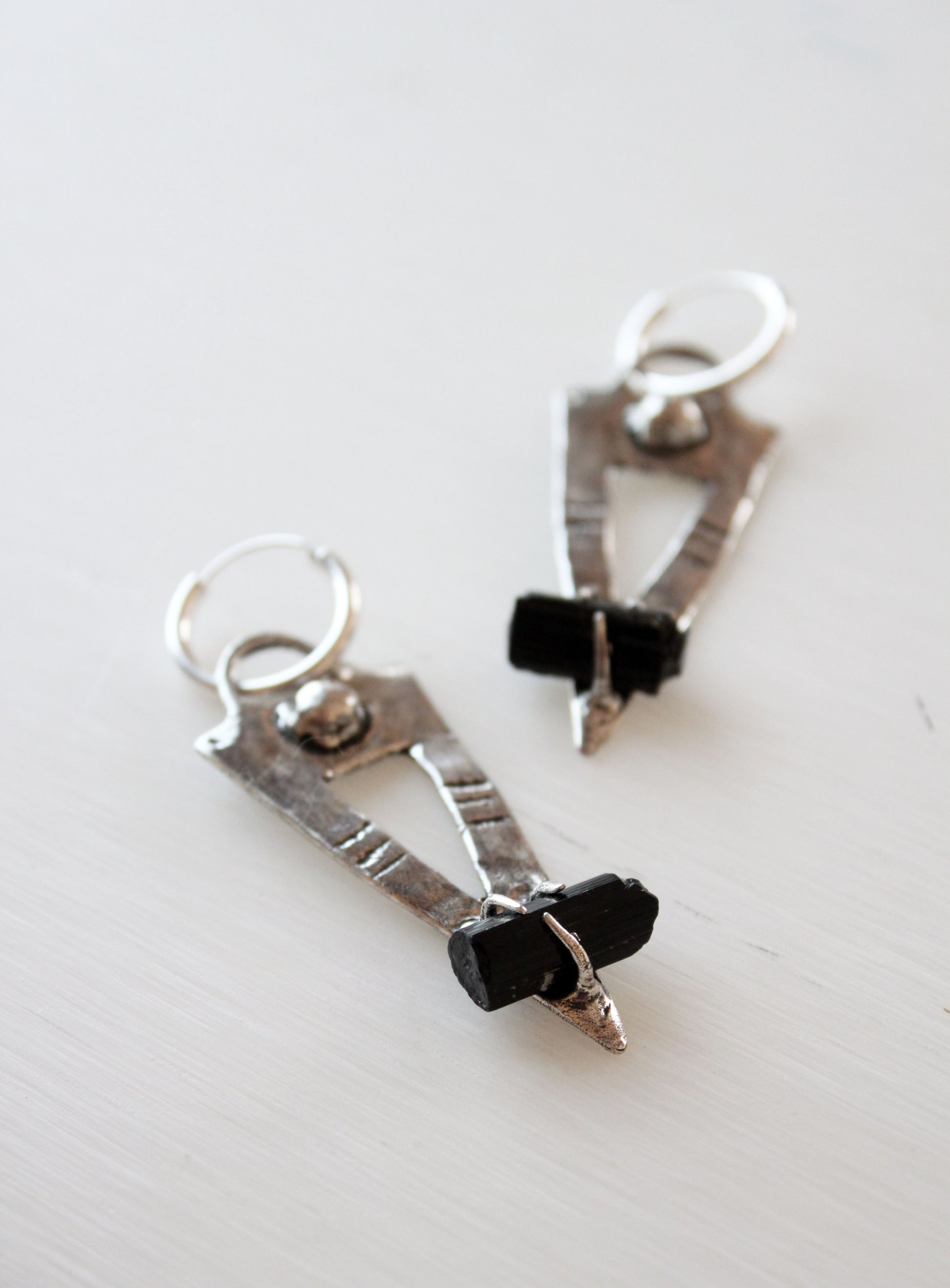 Black tourmaline silver earrings hoops