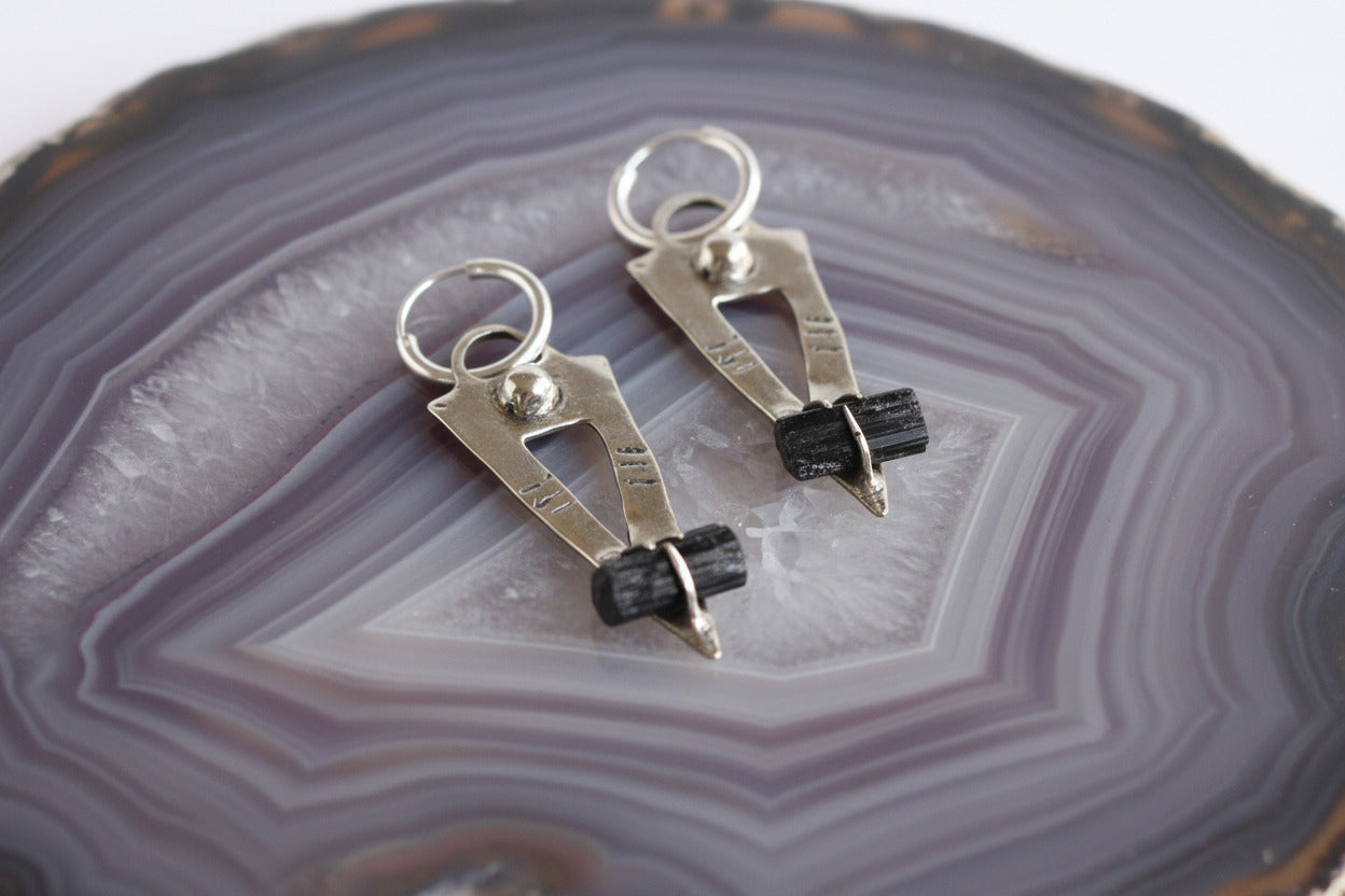 Black tourmaline silver earrings hoops