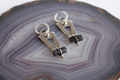 Black tourmaline silver earrings hoops