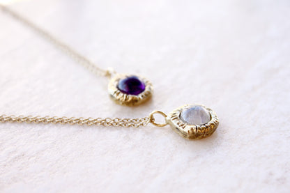 Two gold necklaces with gemstone moonstone and amethyst 
