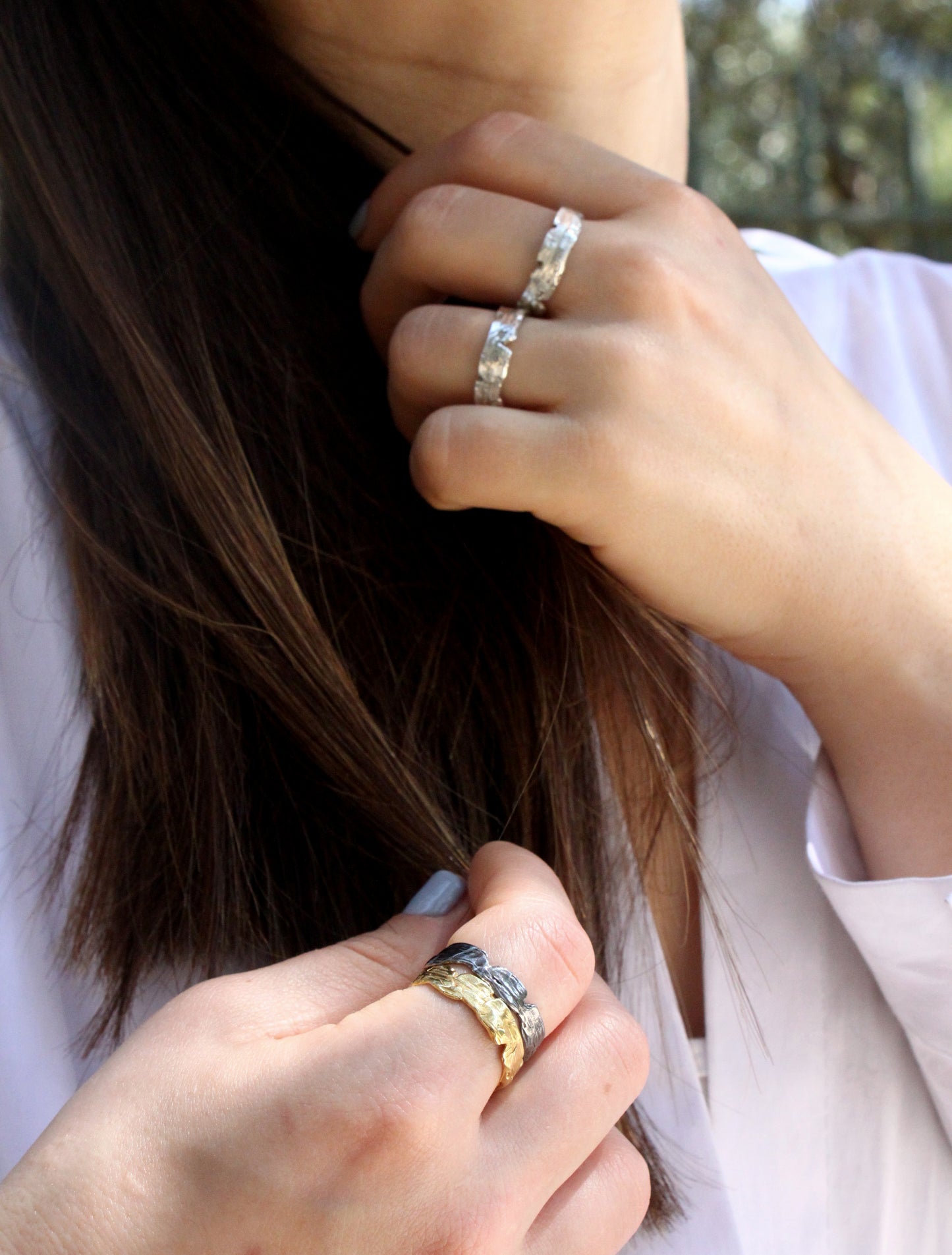 Stack rings sterling silver, gold, black