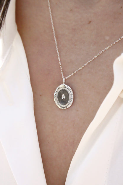 Silver necklace with a round pendant  personalized initials monogram