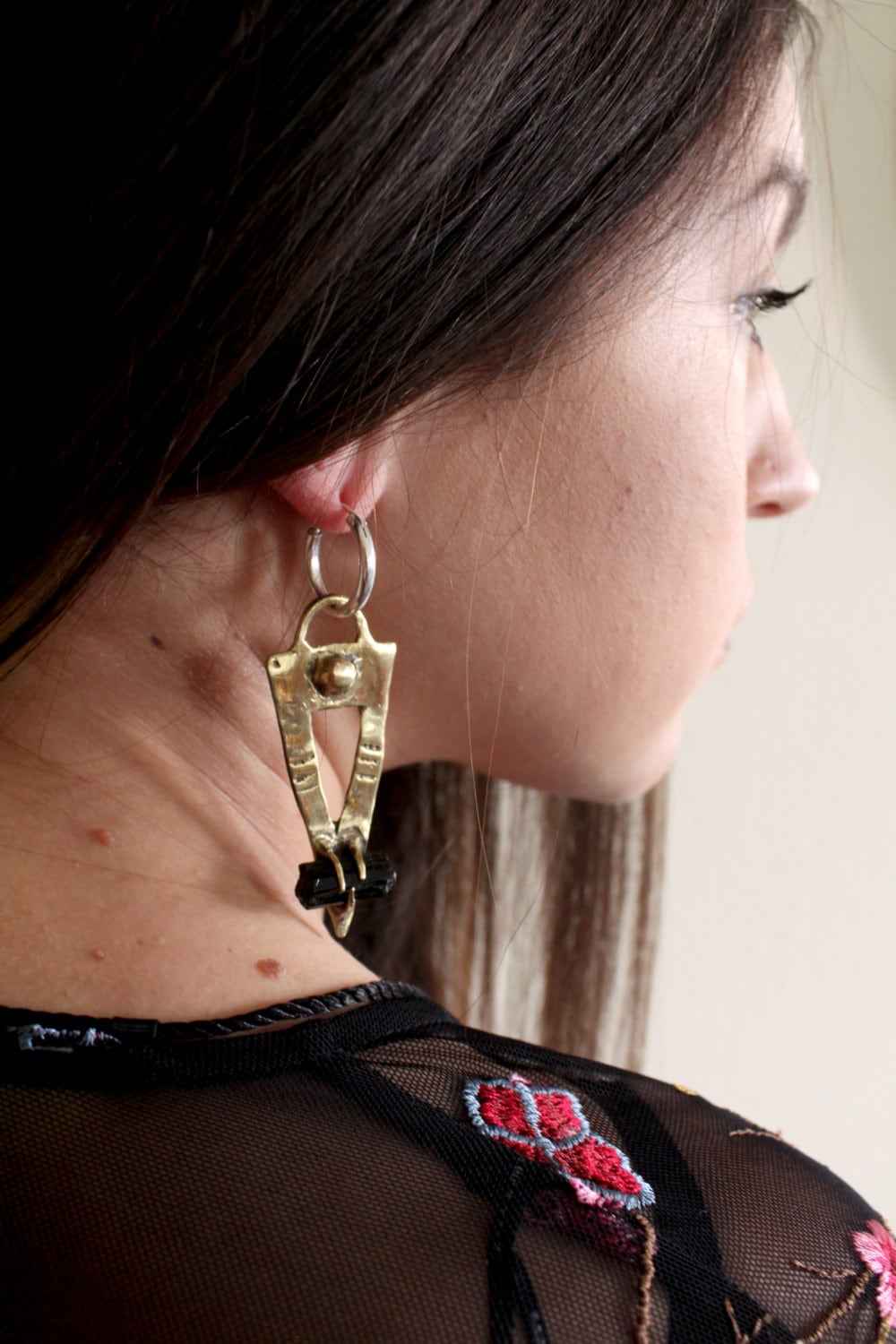 Black statement tourmaline earrings hoops