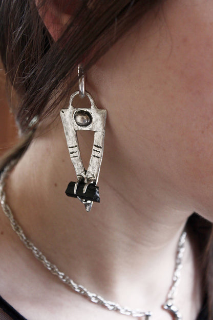 Black tourmaline silver earrings hoops