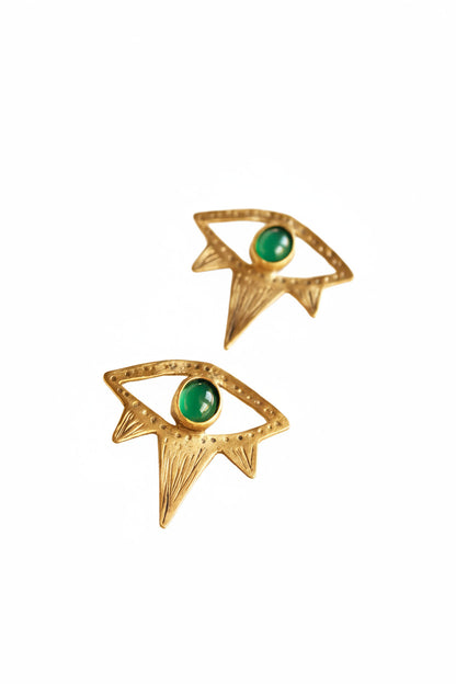 Gold eyes earrings with green onyx gemstones