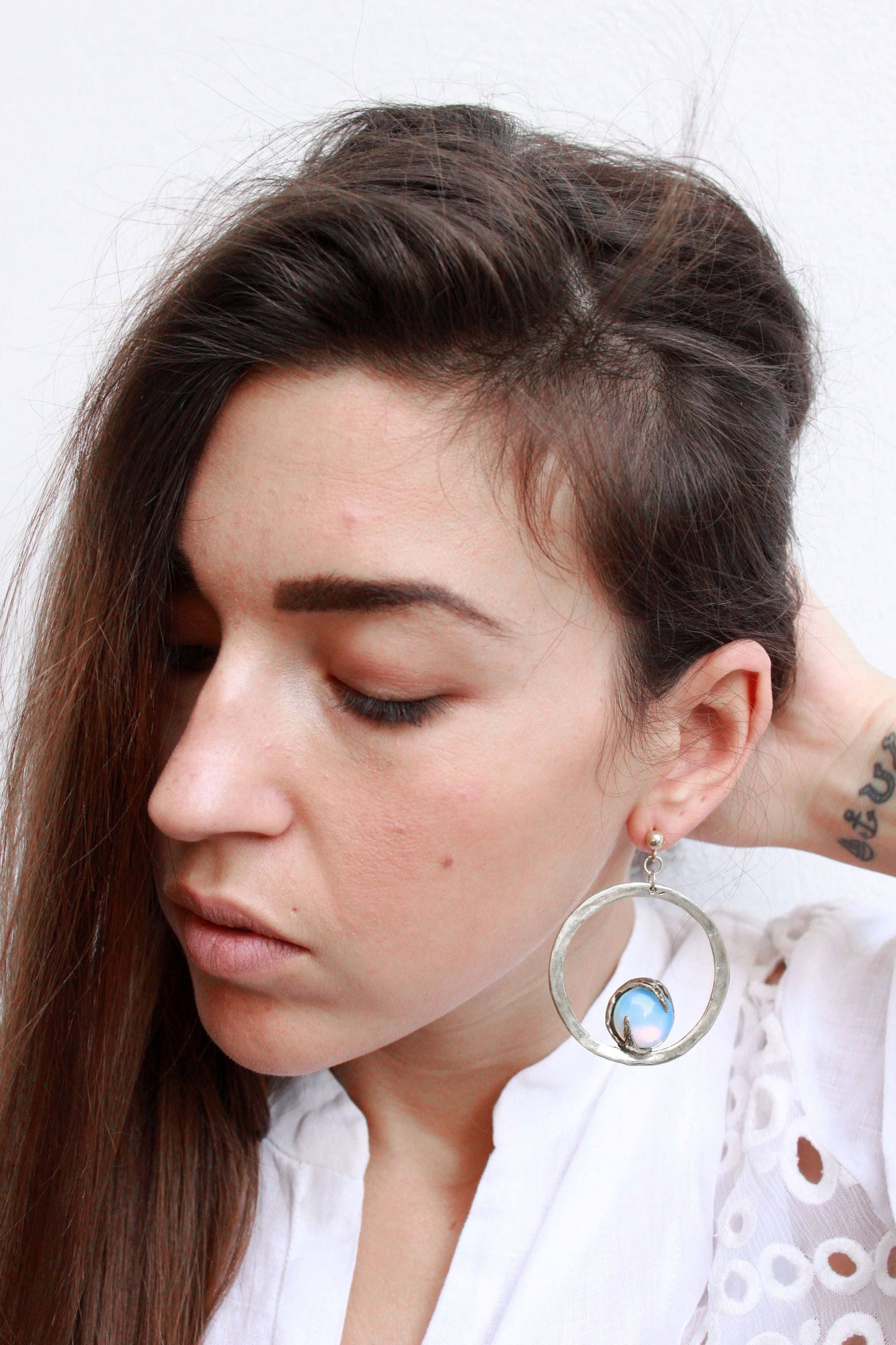 silver opal earrings circle
