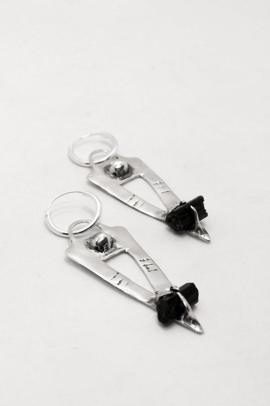 Black tourmaline silver earrings hoops