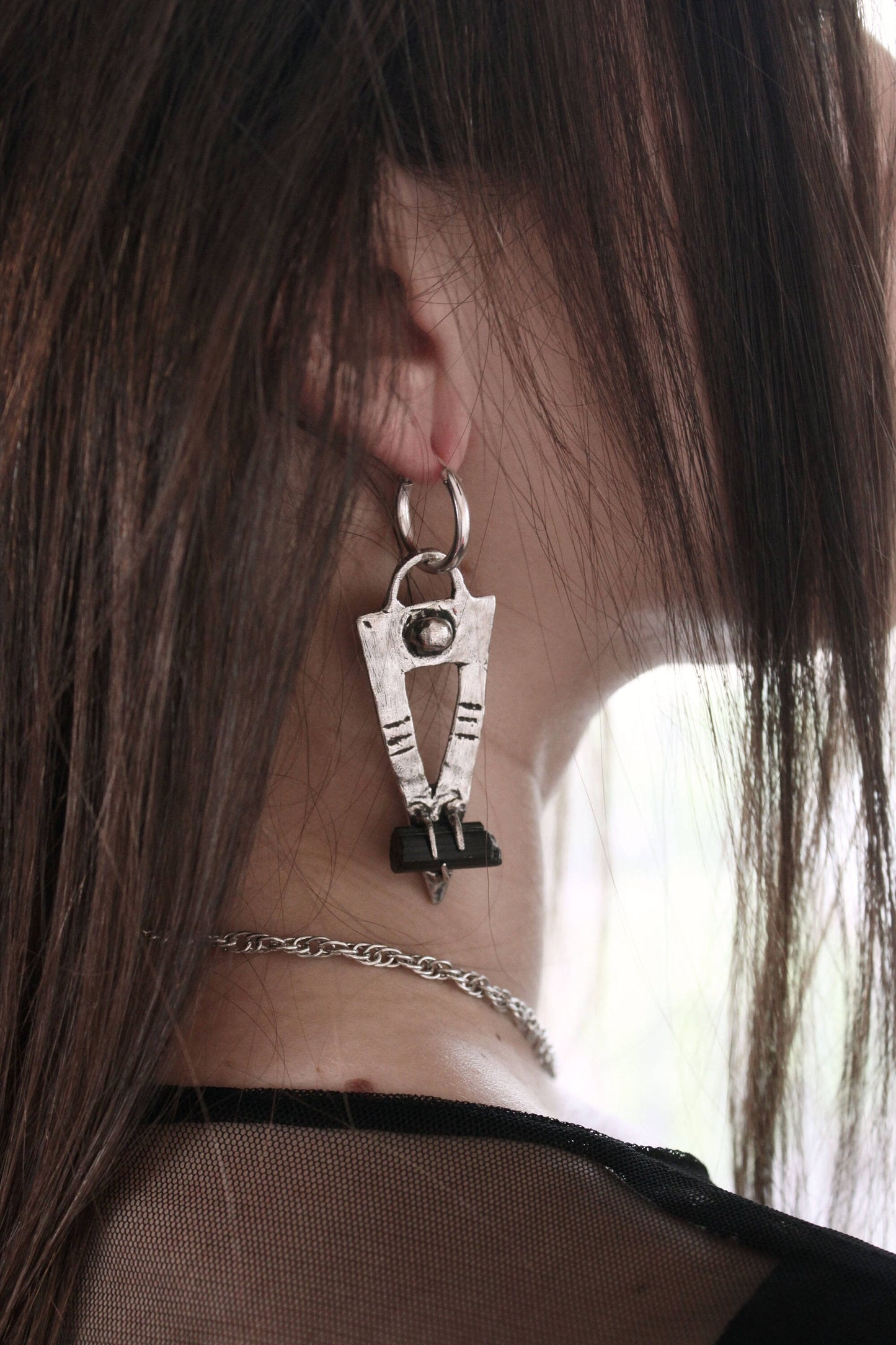Black tourmaline silver earrings hoops