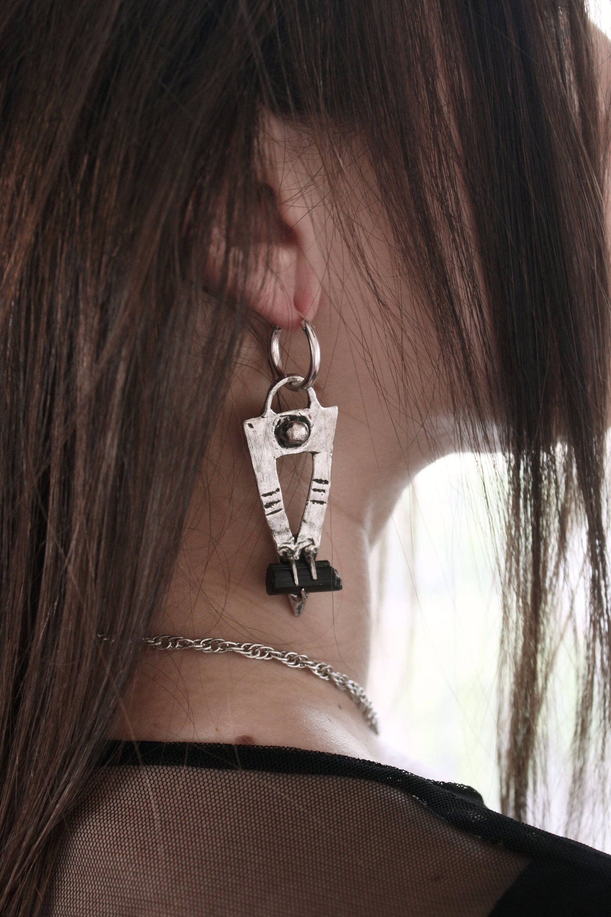 Black tourmaline silver earrings hoops