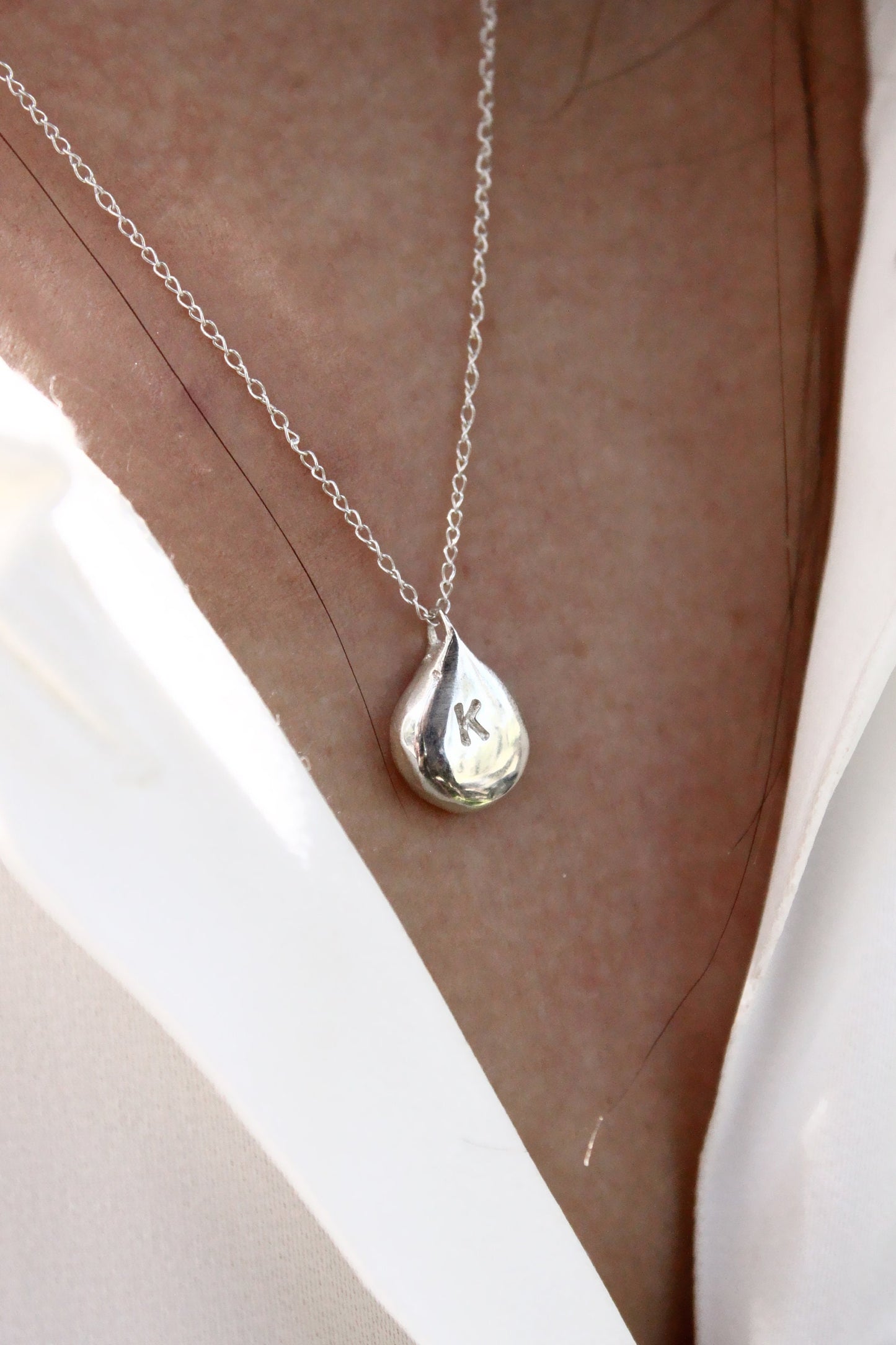 Silver teardrop pendant necklace personalized monogram 