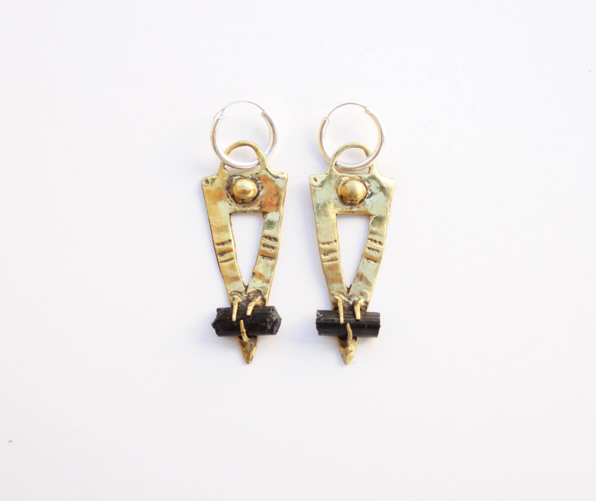 Pair of gold black tourmaline earrings hoops