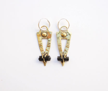 Pair of gold black tourmaline earrings hoops